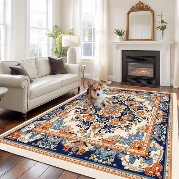 6'x9' Area Rugs, Blue Burnt Orange Boho Indoor Outdoor Area Rug for Living Room Bedroom, Antique Southwestern Art Washable Bathroom Rugs Kitchen Floor Carpet Mats Home Decor Aesthetic