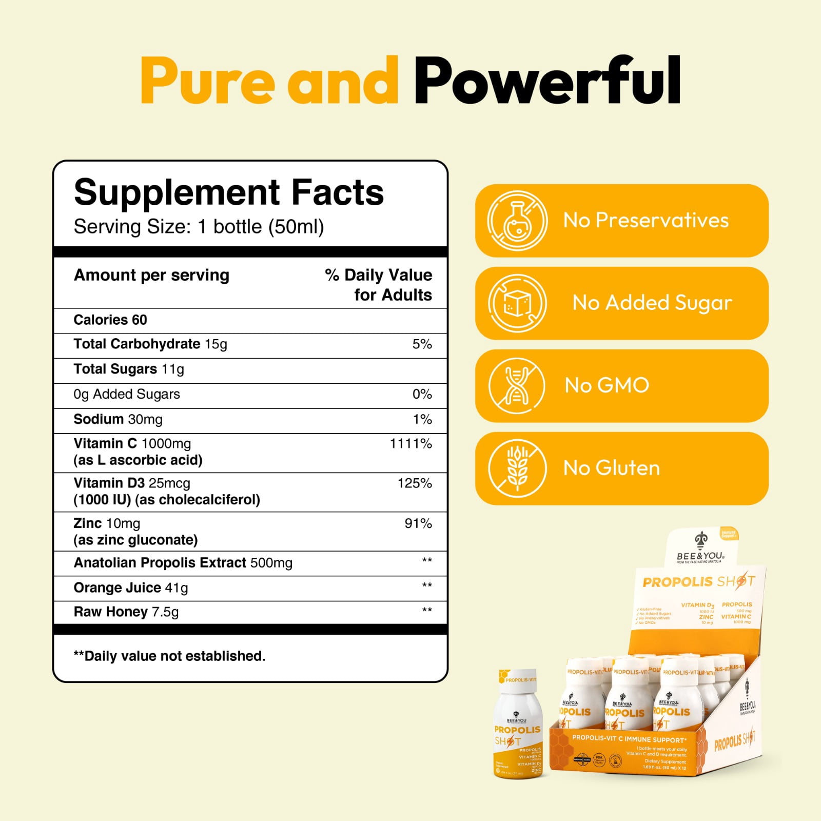 BEE&YOU Propolis Shot, Bee Propolis with Vitamin C D3 Zinc, Anatolian Propolis Extract, Raw Honey & Natural Orange Juice, Non-GMO