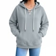 thumbnail image 2 of Qgtaibl Women's Lace Up Hoodie Criss Cross V Neck Drawstring Pullover Sweatshirt Thin Fleece Long Sleeve Fall Hooded Top with Kangaroo Pocket Gray M, 2 of 6