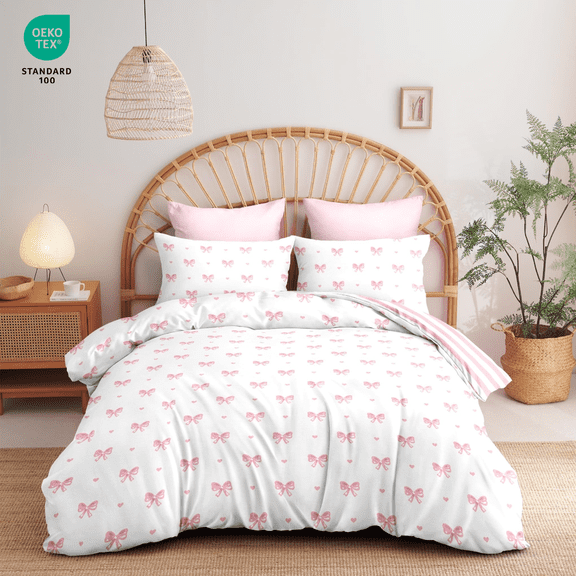 3 Pieces Cute Pink Bowknot Duvet Cover Boys Girls Reversible Striped Bedding Set Breathable Soft Dreamy Princess Style Queen Comforter Cove Bedroom Decor Microfiber Zipper Closure