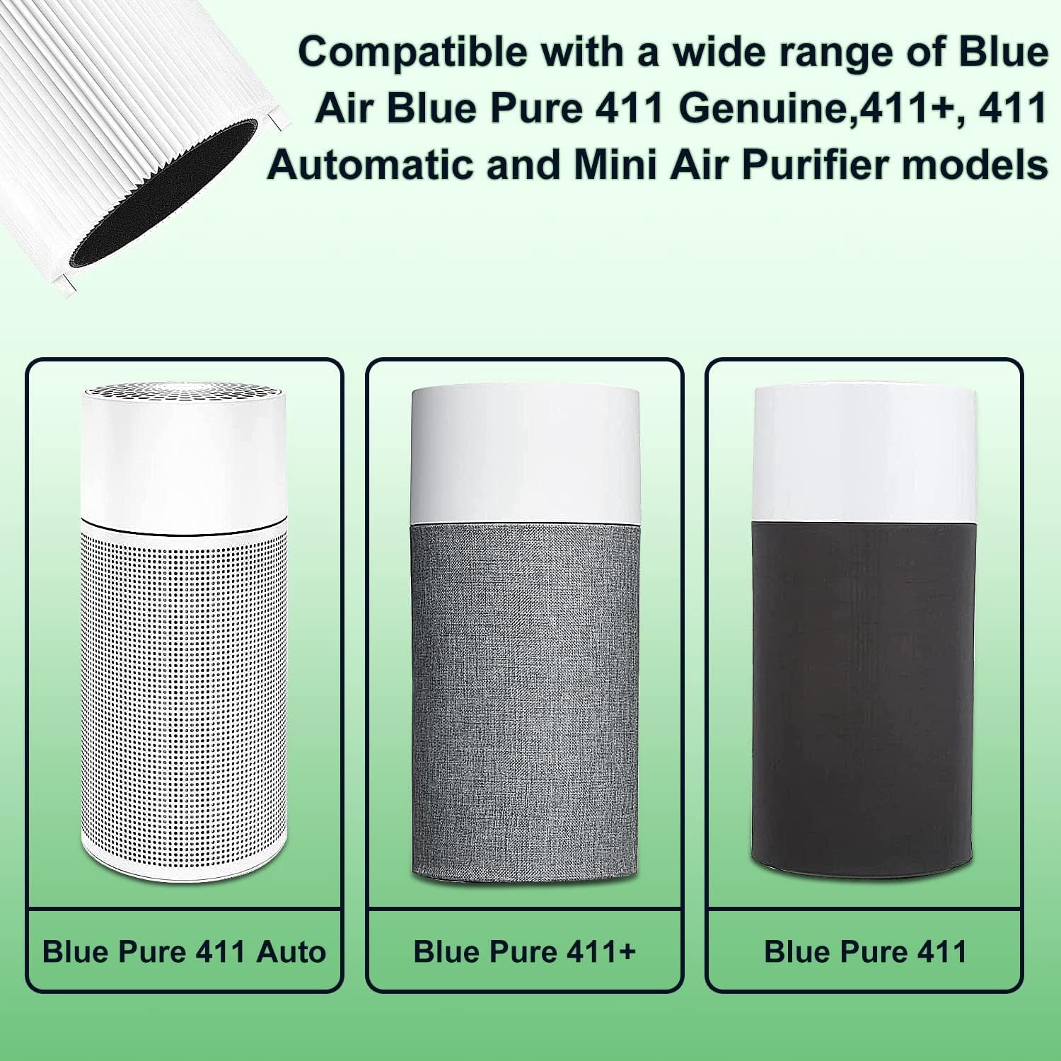 411 Replacement Filter, Activated Carbon Filter for Blueair Blue Pure 411 Genuine, Blue Pure 411+,411 Auto & Mini Air Purifier, High Efficiency H13HEPA Filter (3 Pack)