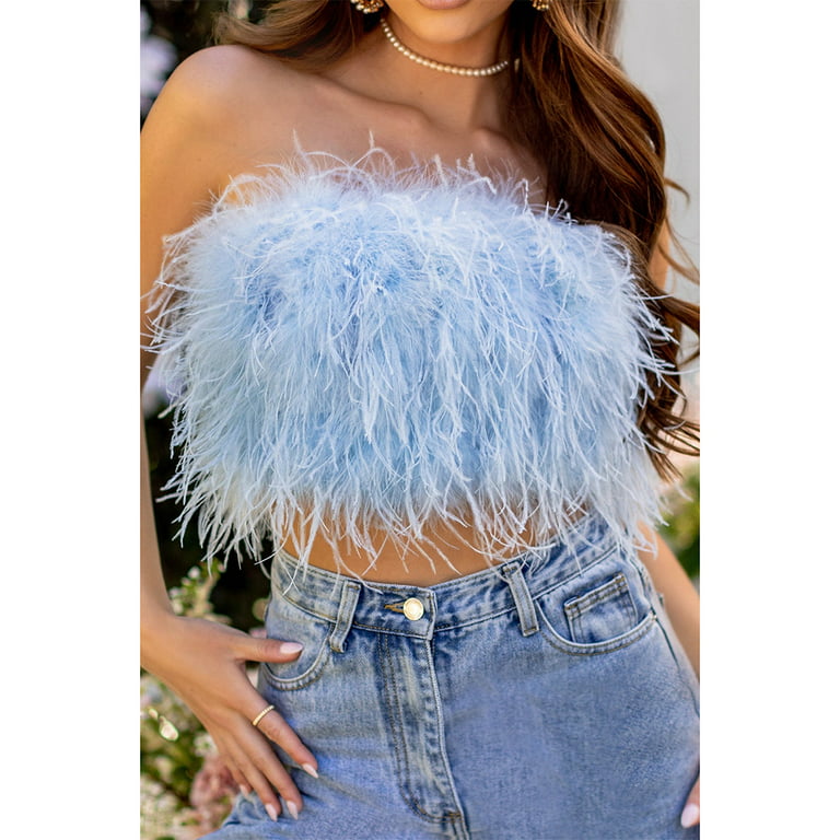 Faux Fur Crop Top Out Corset Women Feather Camisole Push Up Bustier Bra Tops