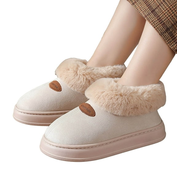 Rokment Fuzzy Winter Snow Boots House Shoes for Women Indoor and Outdoor Fashion Casual Plush Lined Warm Comfy Memory Foam Slippers Ankle Booties Beige Size 5.5
