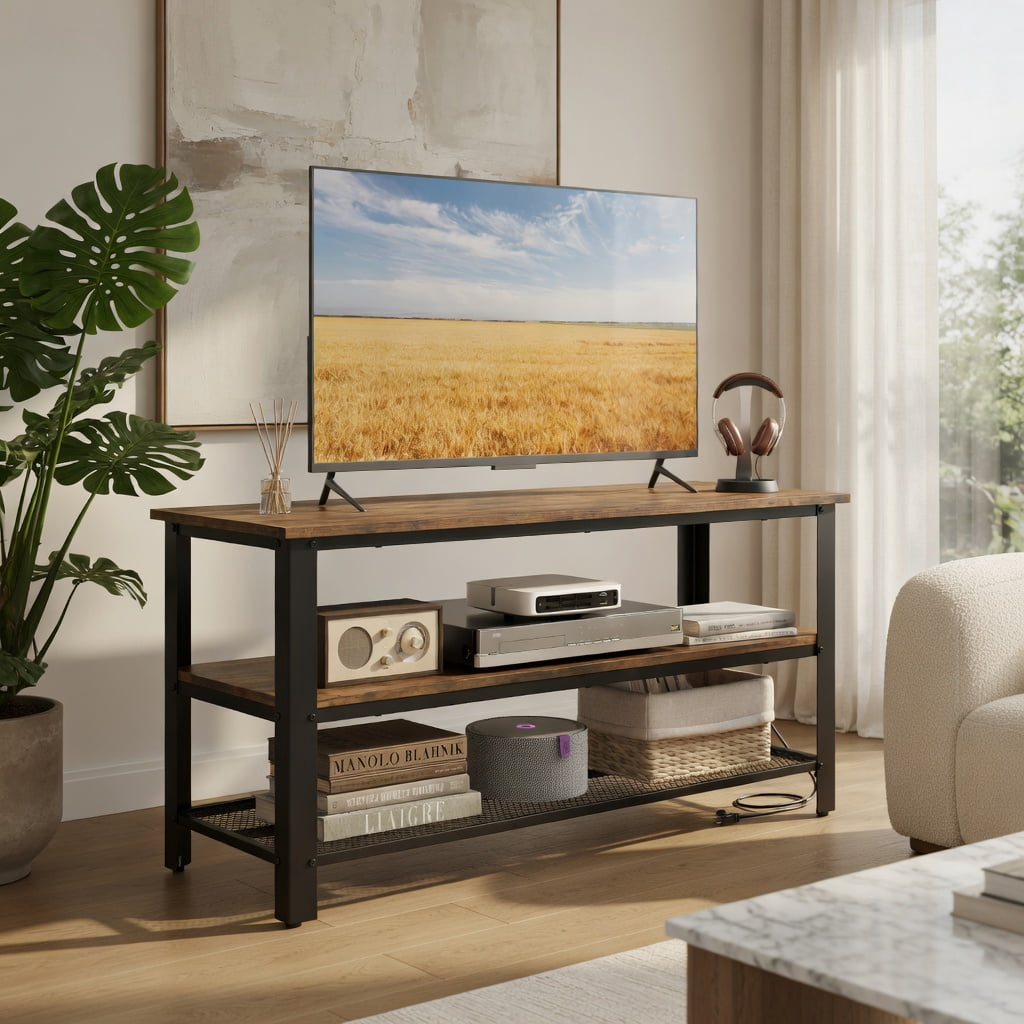 Topcobe 3-Tier Industrial Entertainment TV Stand with Metal Mesh Shelf, Modern TV Stands, TV Furniture for Living Room