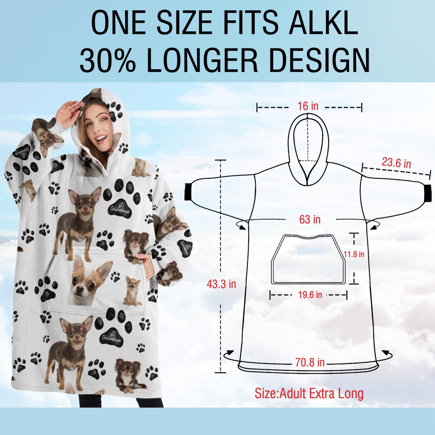 Oversized Wearable Blanket Hoodie,Chihuahua and Footprints Sherpa Blanket Hoodie with Super Pockets,Super Warm Fuzzy Pullover for Women & Men