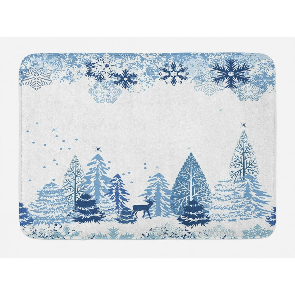 Winter Bath Mat, Winter Scene with Deer Frozen Trees and Snow Christmas