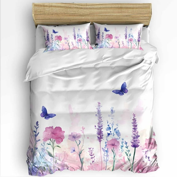 Spring Flower Queen Size Comforter Set, Idyllic Purple Lavender Butterfly Soft Bedding for All Seasons, 4 Pcs Bed Set with 1Comforter (90"x92") ,1 Sheet(94"x116"), 2 Pillowcases (19"x29")