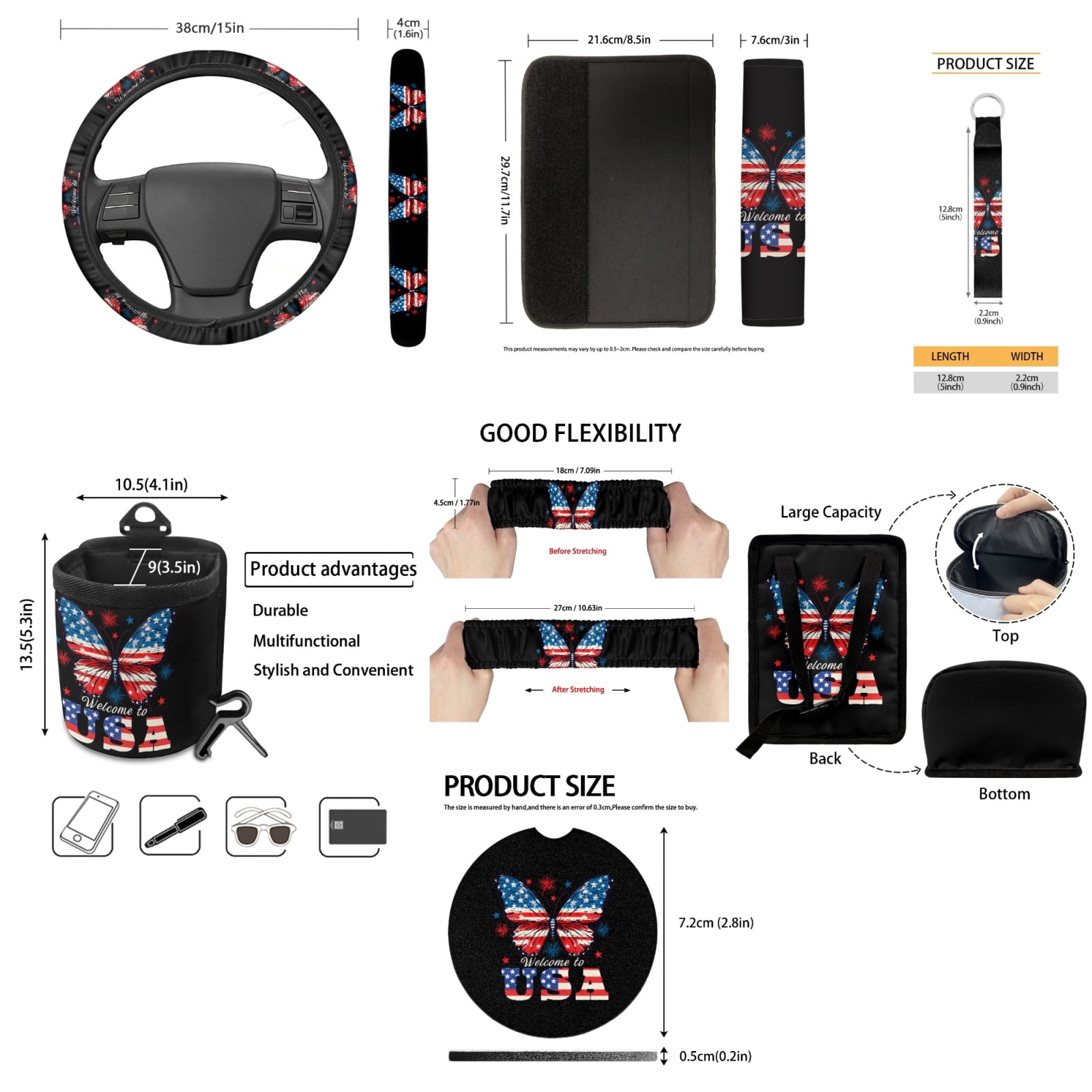 Yuyamidu Butterfly Car Seat Covers Full Set of 15 American Flag Steering Wheel Cover Seat Belt Covers Trash Box Air Vent Pouch Rear View Mirror Cover Auto Coasters Keychain Wristlet Strap