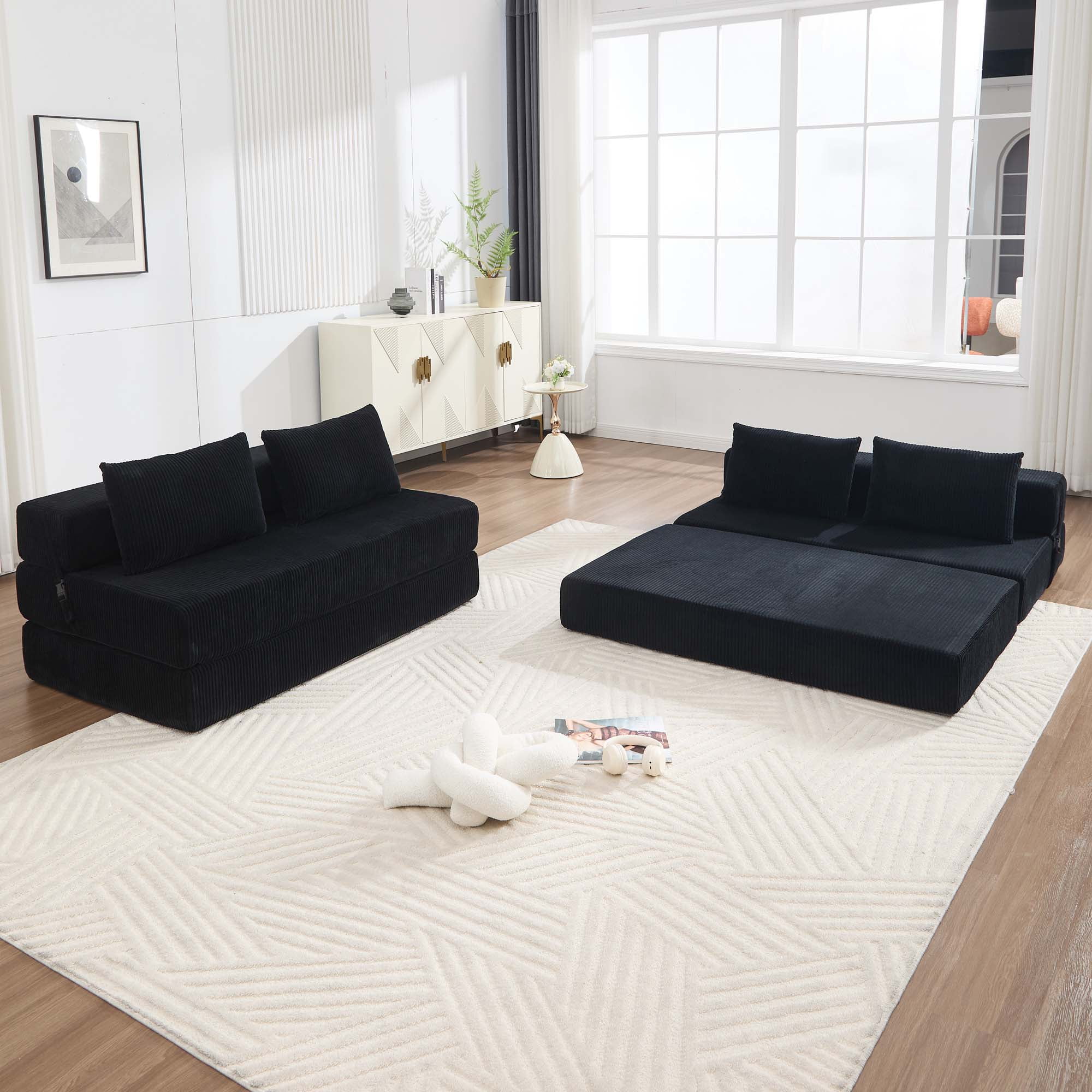 Miniyam Black Heavy-Duty Sofa Bed, 55"x80" Ergonomic Sleeper Chair for Office, Converts from 33"W Seat to Guest Bed, Durable Foldable Design