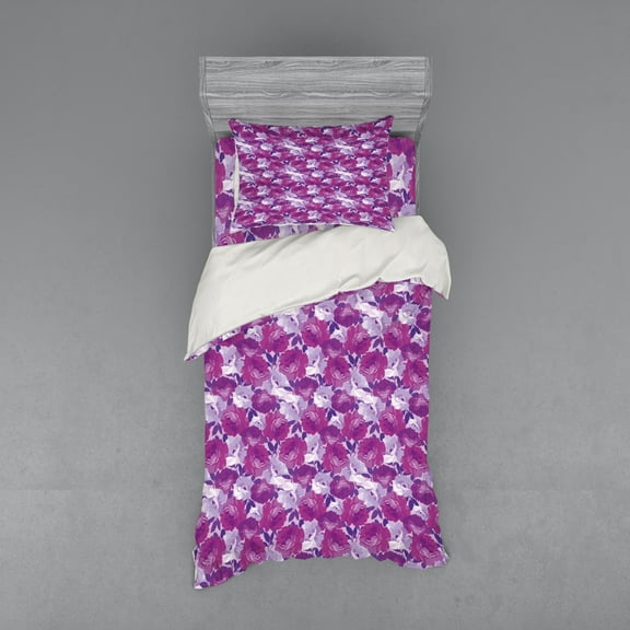 Floral Duvet Cover Set, Rose Bouquets Flourishing Spring Revival Branches Romantic Themed, Bedding Set with Shams and Fitted Sheet, 3 Sizes, by Ambesonne