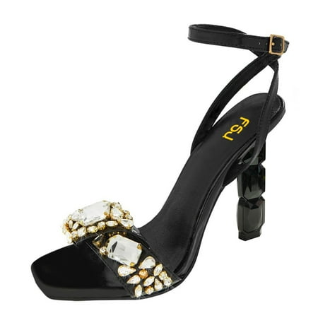 

FSJ Women Diamond Heel Sandals Square Open Toe Ankle Strap Jewel High Heel Sandals Party Shoes Size 12 Black