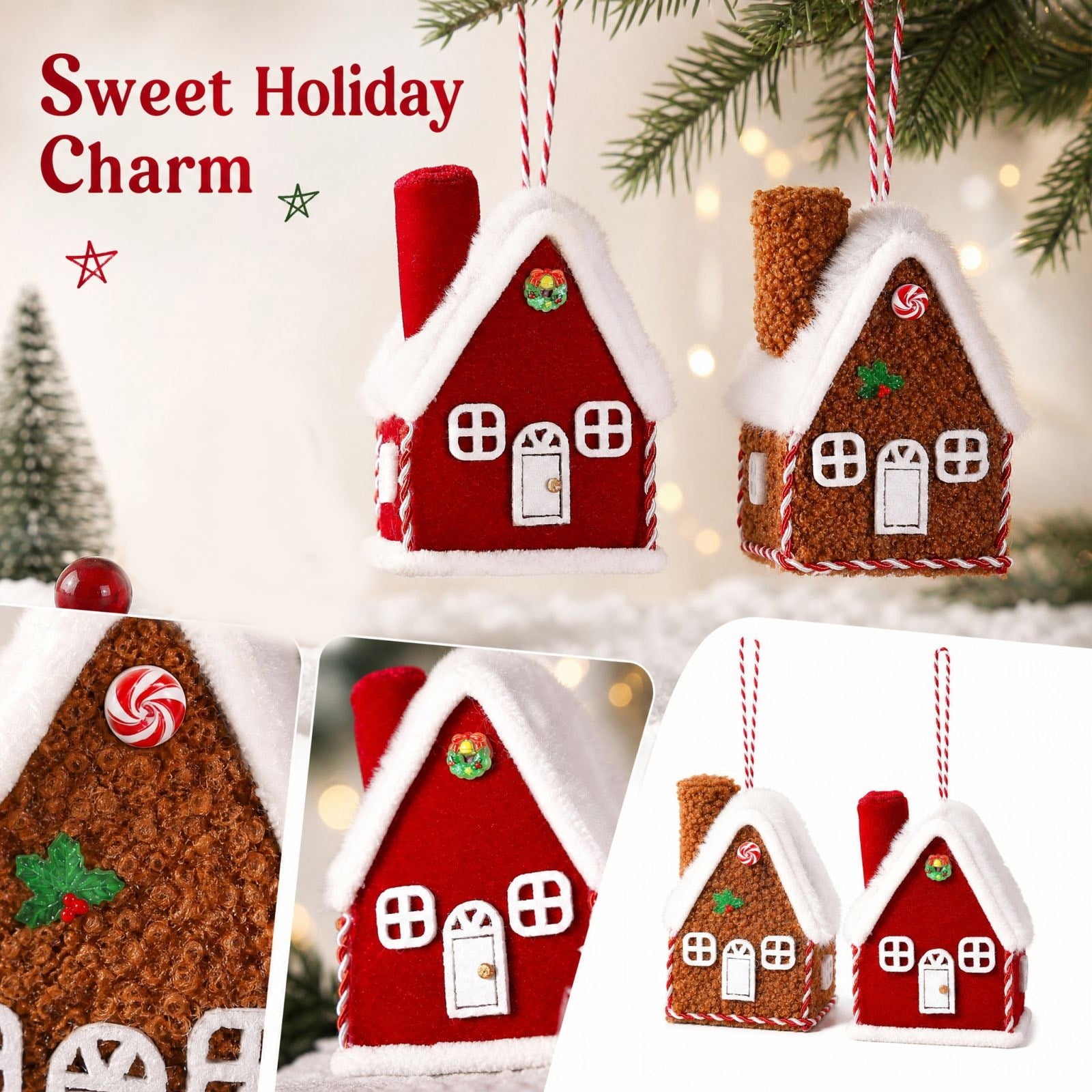 Plush Gingerbread House Christmas Ornament Fabric House Hanging Decoration Soft Cloth Xmas Tree Pendant for Holiday Scene Decor