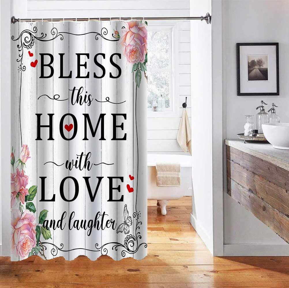 Pink Rose Shower Curtain, Inspirational Quotes Butterfly Spring Flower Rustic Farmhouse Romantic Valentine''s Day Bathroom Decor, Waterproof Polyester White Fabric Shower Curtain, 72 X 72 Inch