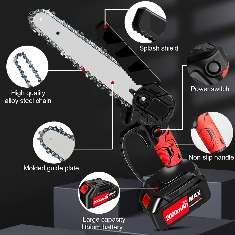 Cordless 8 Inch Electric Chainsaw, Brushless Electric Chainsaws with 1 Batteriy & 2 Chains, Portable Chainsaw for Tree Trimming, Wood Cutting