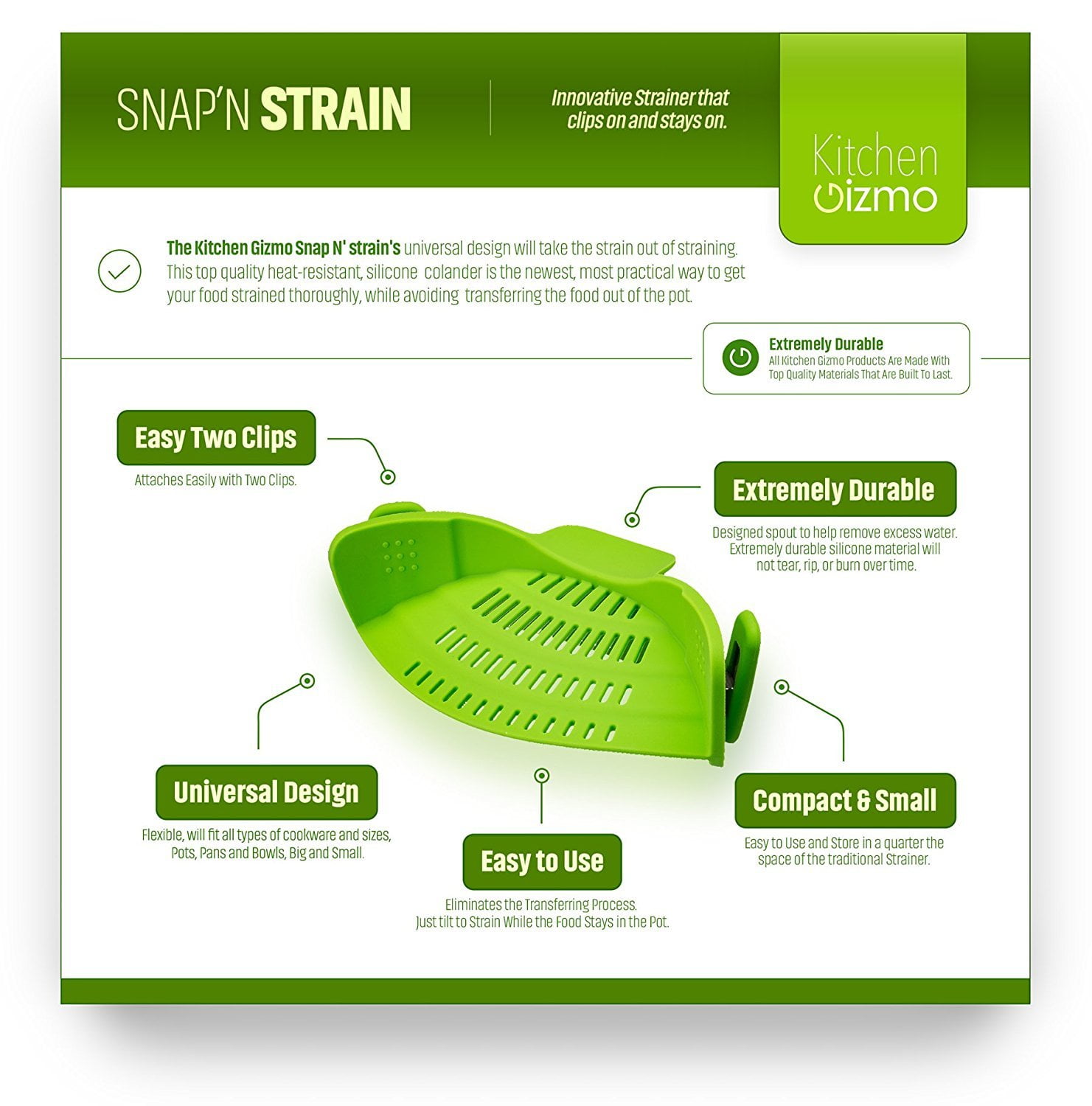 Kitchen Gizmo Snap 'N Strain Strainer - Clip On Silicone Colander, Fits  all Pots and Bowls