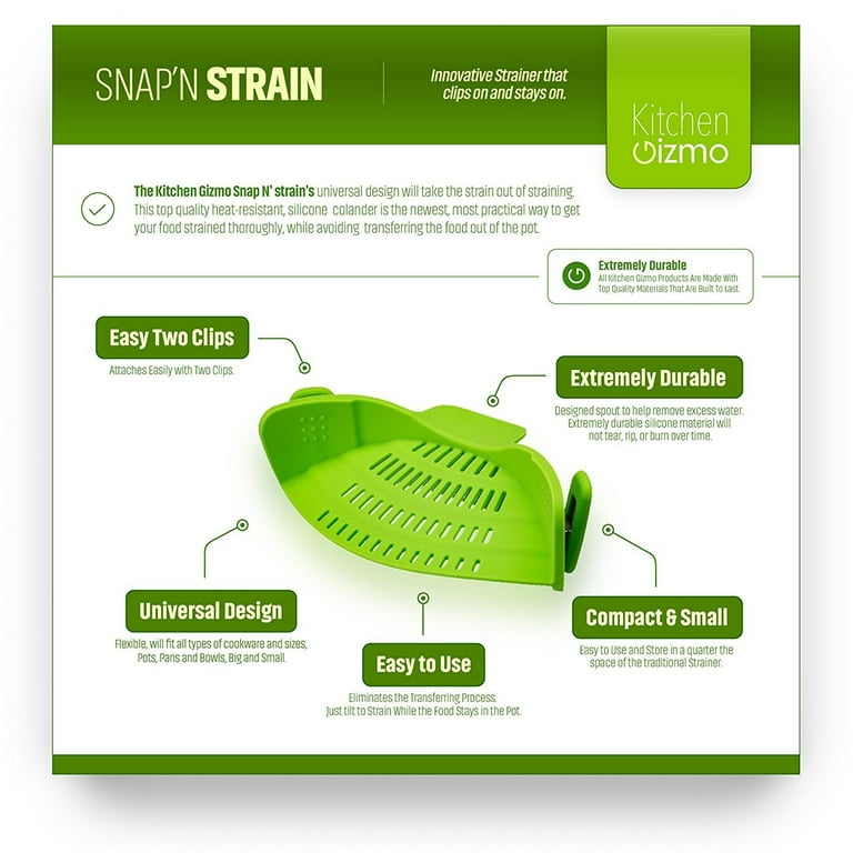 Kitchen Gizmo Snap N Strain Strainer - Green Patented Clip On