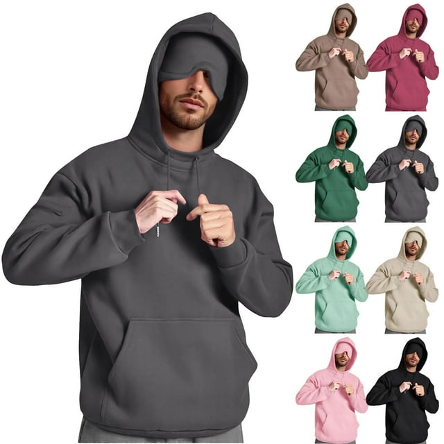 RKSTN Men's Hoodies Sweatshirts with a Built in Eye Mask Oversize Long Sleeve Pullover Hooded Mens Casual Solid Loose Wearable Blanket Plus Size Double-Layer Hoodie Sweatshirts Fall Outerware Tops