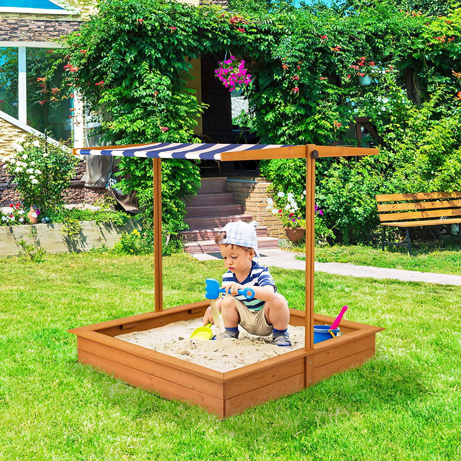 Sandpit Playhouse Play Children Kids Outdoor Wood Garden Sun Protection Sandbox 