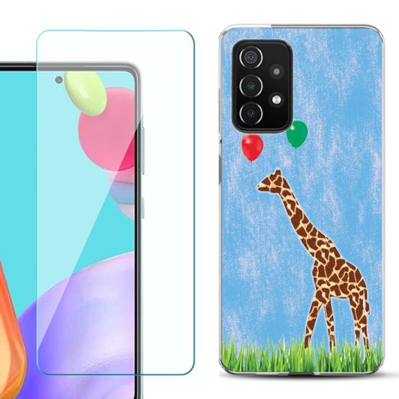 Slim-Fit Flexible Gel TPU Phone Case compatible with Samsung Galaxy A52 5G, with Tempered Glass Screen Protector, by OneToughShield ® - Giraffe/Balloon