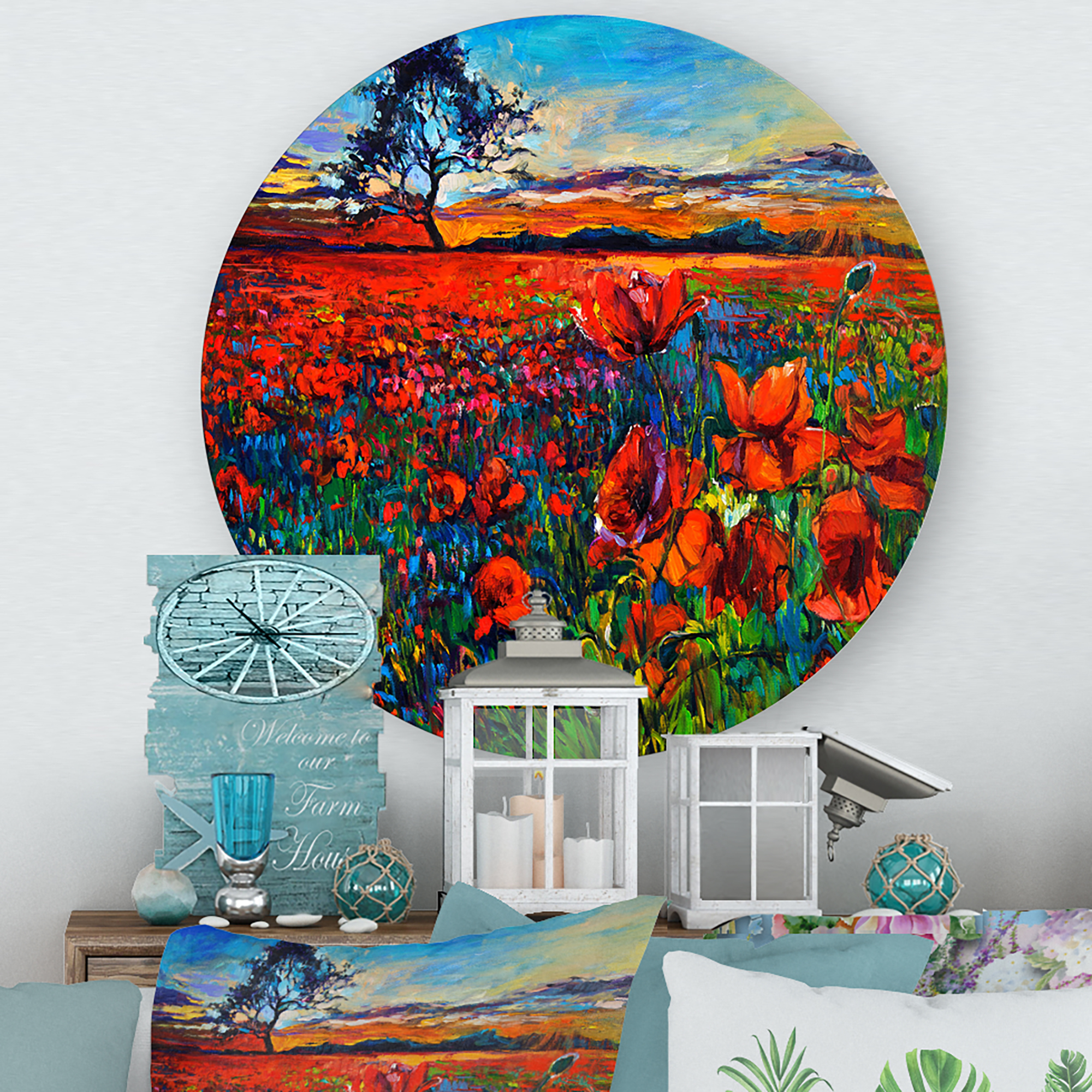 Designart 'Blossoming Red Poppy Fields With Distant Tree' Traditional Circle Metal Wall Art 23x23 - Disc of 23