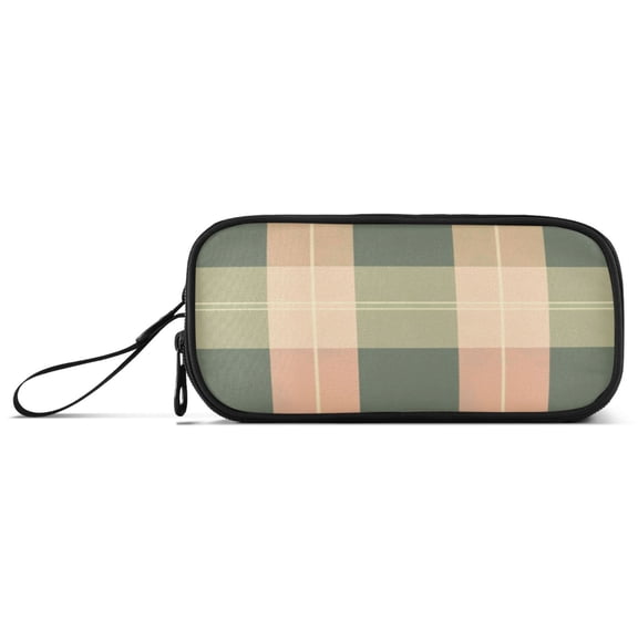Green Peach Plaids Pencil Case Stationary Holder Pen Bag Pencil Pouch Tool Organizer 3 Compartments