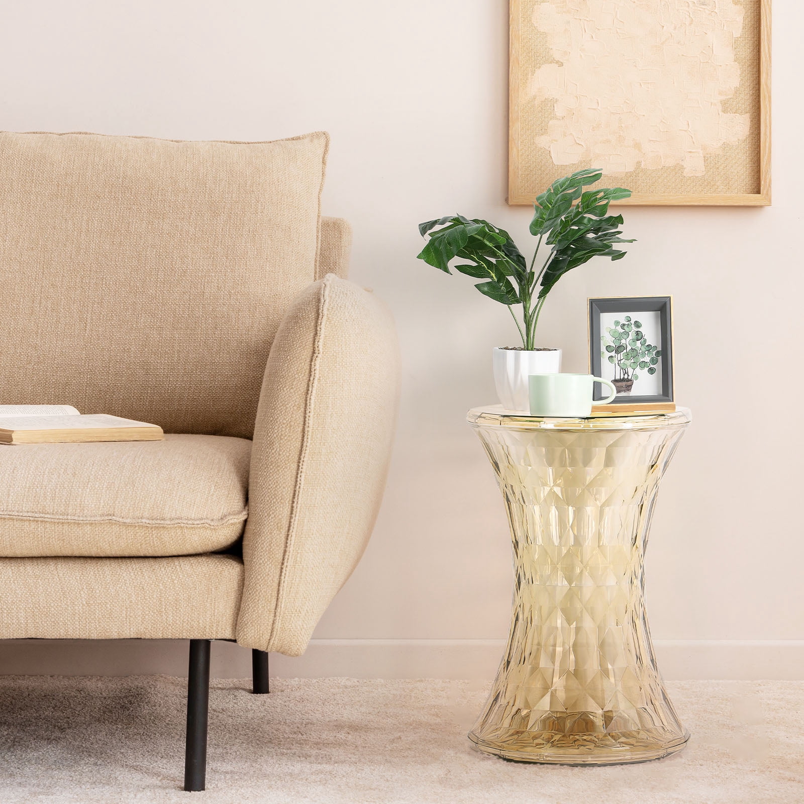Plastic Hourglass Side Table Bedroom Nightstand, Transparent Gold