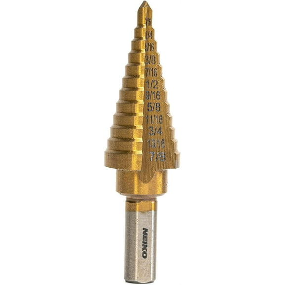 NEIKO 10185A Titanium Step Drill Bit, High-Speed Alloy-Steel Bit, Hole Expander for Wood and Metal, 12 Step Sizes from 3/16 Inch to 7/8 Inch
