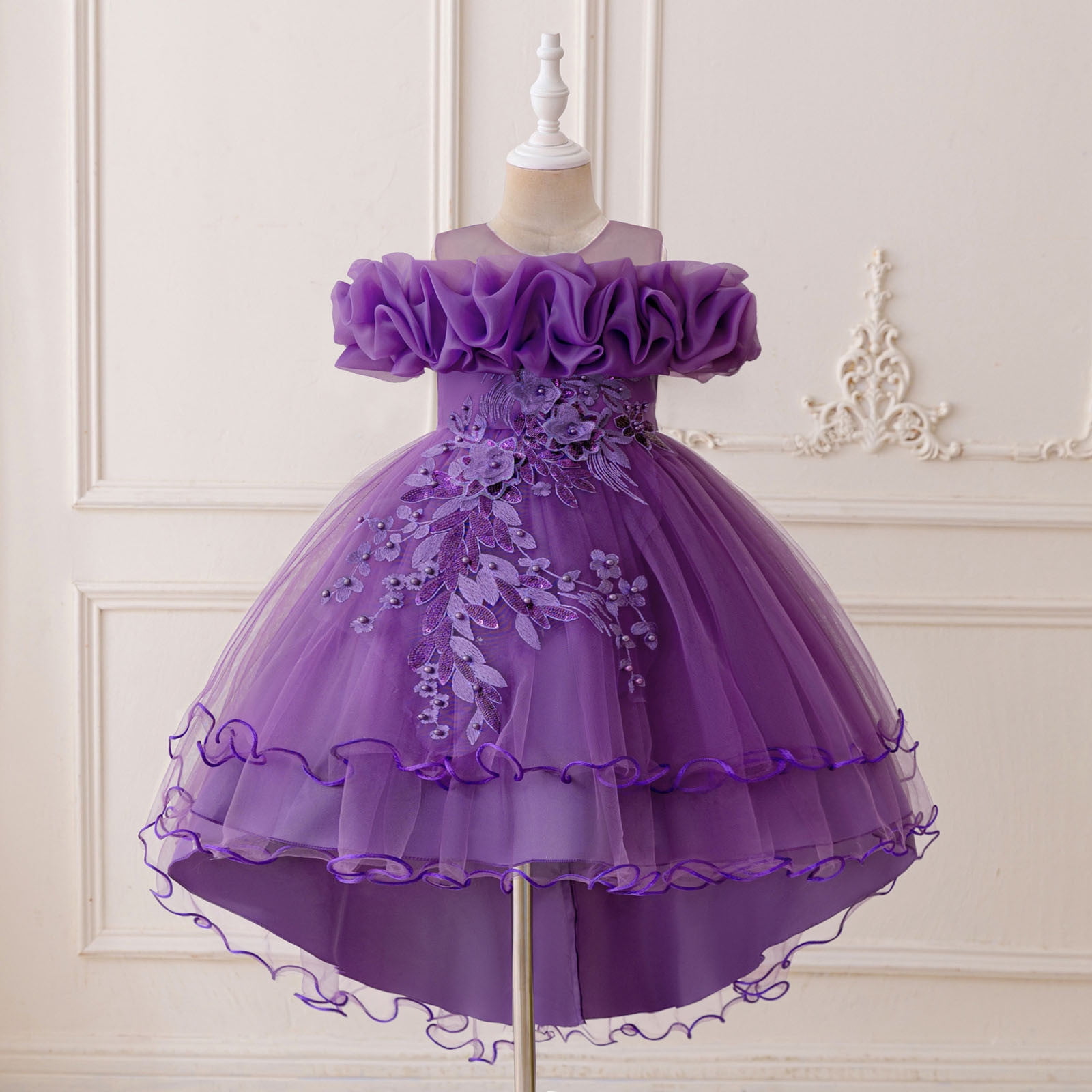 Dress for Girls Satin Girl Dress with Puffed Sleeves for Birthday Party Christening