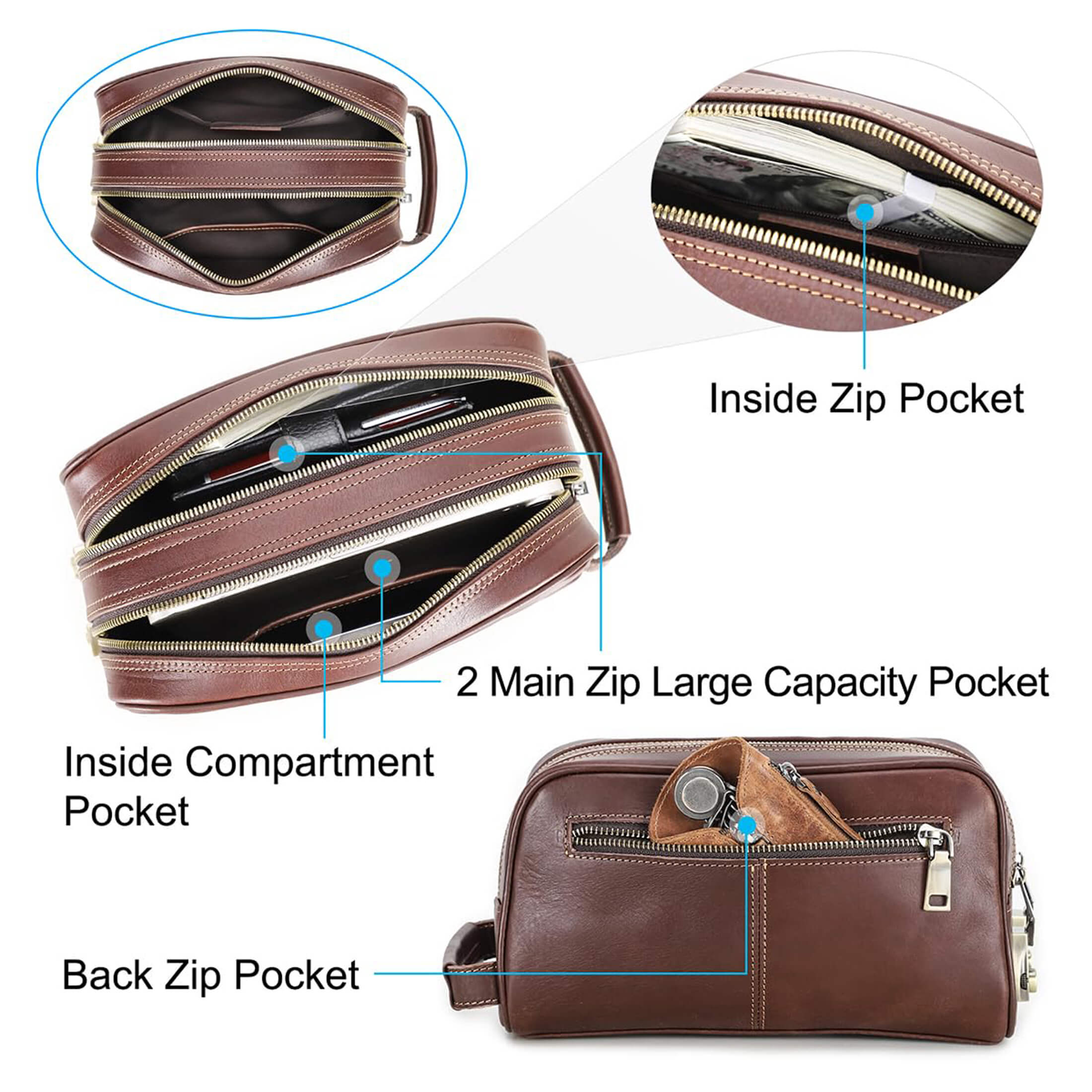 Contact's Men's Clutch Purse Bag , Toiletry Bag with Lock for Men, Shaving Dopp Kit Organizer Clutch, Valentine Gift, Coffee