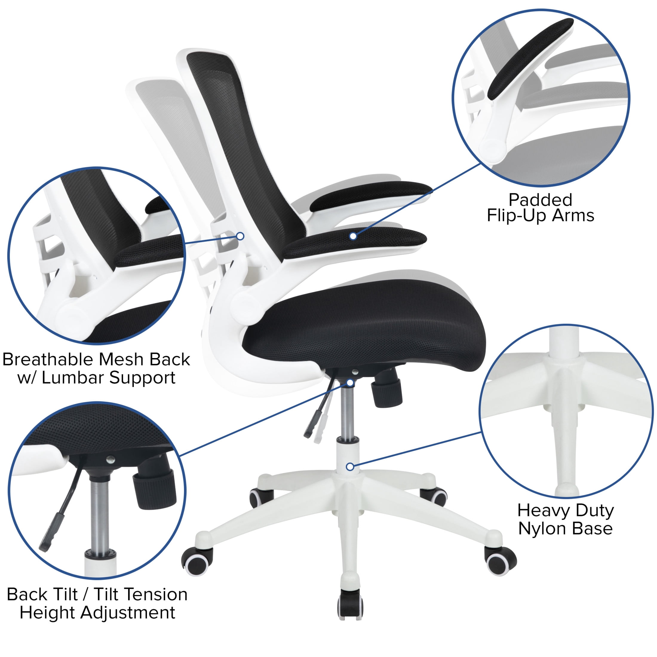 Flash Furniture Kelista Mid-Back Black Mesh Swivel Ergonomic Task Office Chair with White Frame and Flip-Up Arms