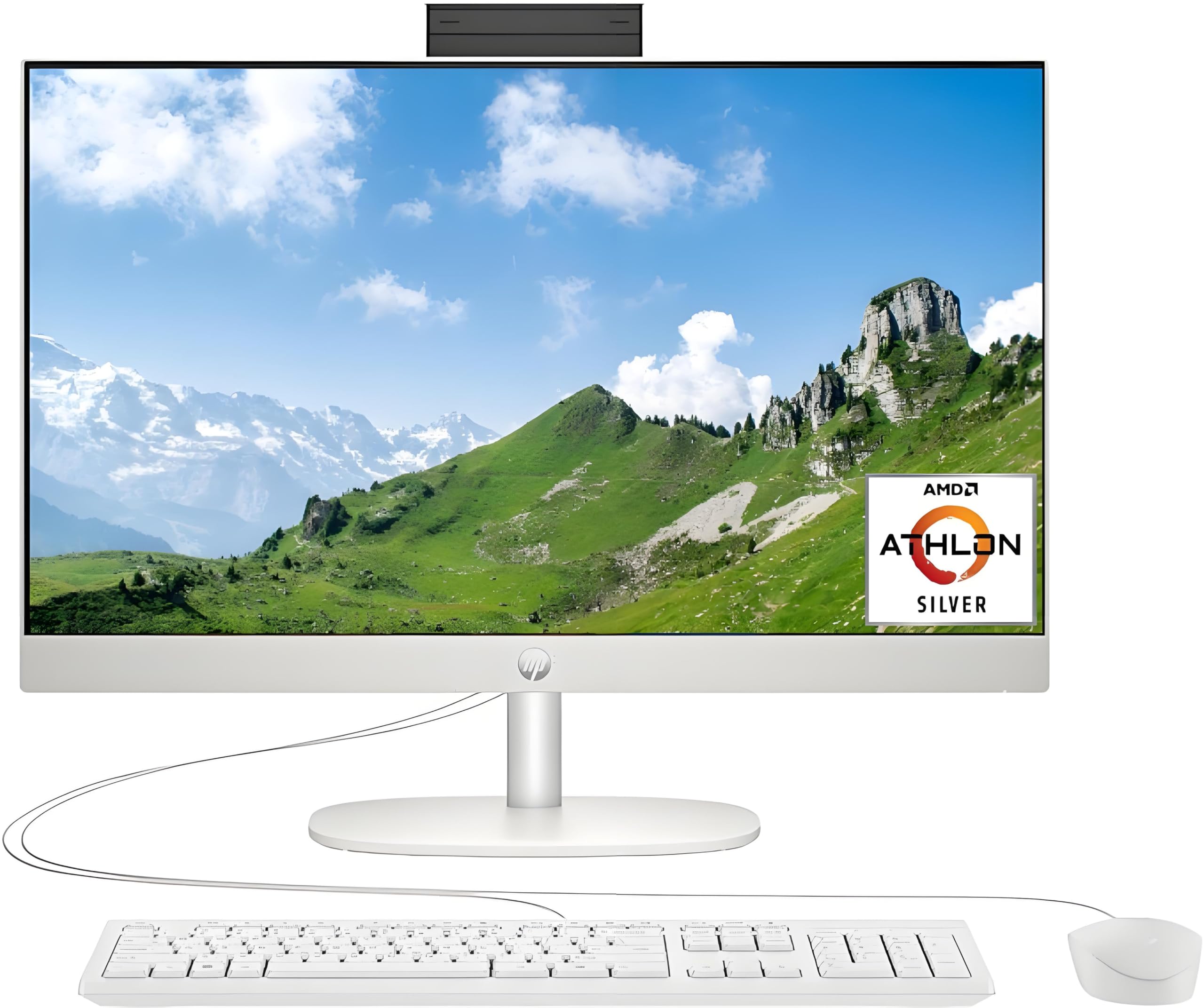 HP 24 Inch All-in-One Desktop, 23.8" FHD Display, AMD Athlon Silver Processor (Beats i5-6360U), 8GB RAM, 256GB PCIe SSD, Webcam, HDMI, Wi-Fi 6.0, Bluetooth, Windows 11 Home, White