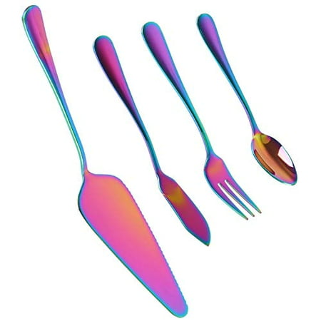 

loopki Stainless Steel Flatware Serving Set Rainbow Silverware Includes Coffee Spoon Cake Fork Butter Knife Cake Server