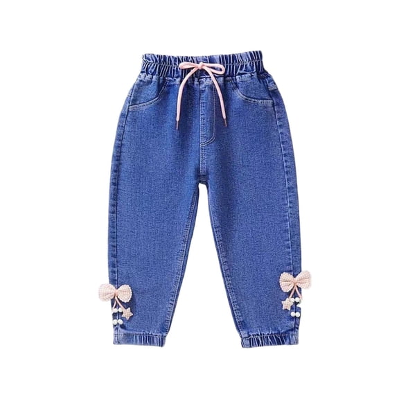LEKWK Girls Denim Shorts with Bow Pearl Details Cute Jean Pants Elastic Waist Summer Bottom Casual Back to School Clothing Outfits