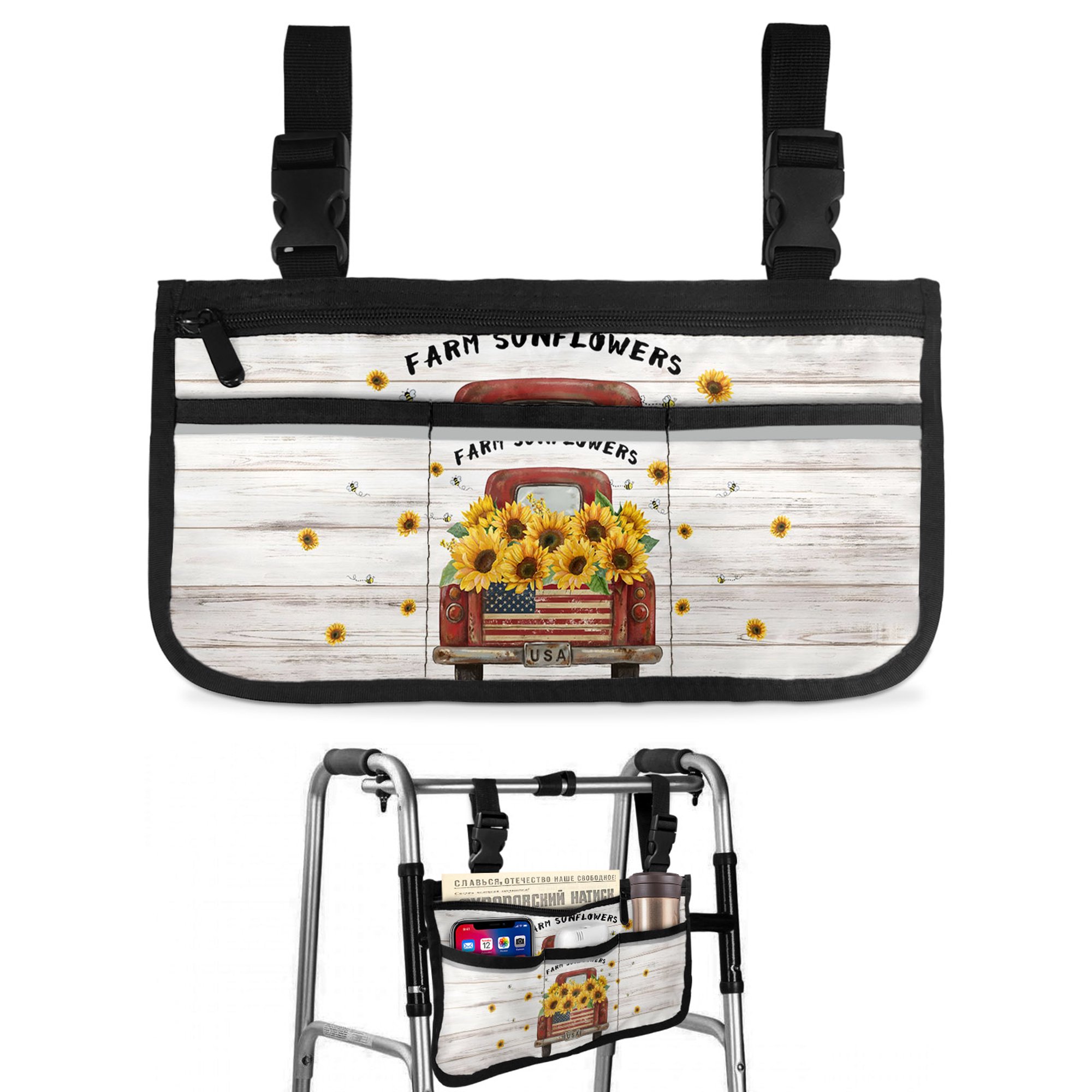 Farm Sunflowers Wheelchair Side Bag with Cup Holder, Summer Floral USA Red Truck Wood Grain Vintage Wheelchair Armrest Bag Storage Pouch Adults, Seniors for Walkers, Rollator, Scooter