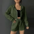 thumbnail image 2 of Usmixi 2 Piece Outfits for Women Front Zip Hooded Coat 2 Piece Sets Casual Solid Drawstring Elastic Waist Shorts Outfits Sets Sports Running Lounge Sets Tracksuits Sets with Pocket Holiday, 2 of 7