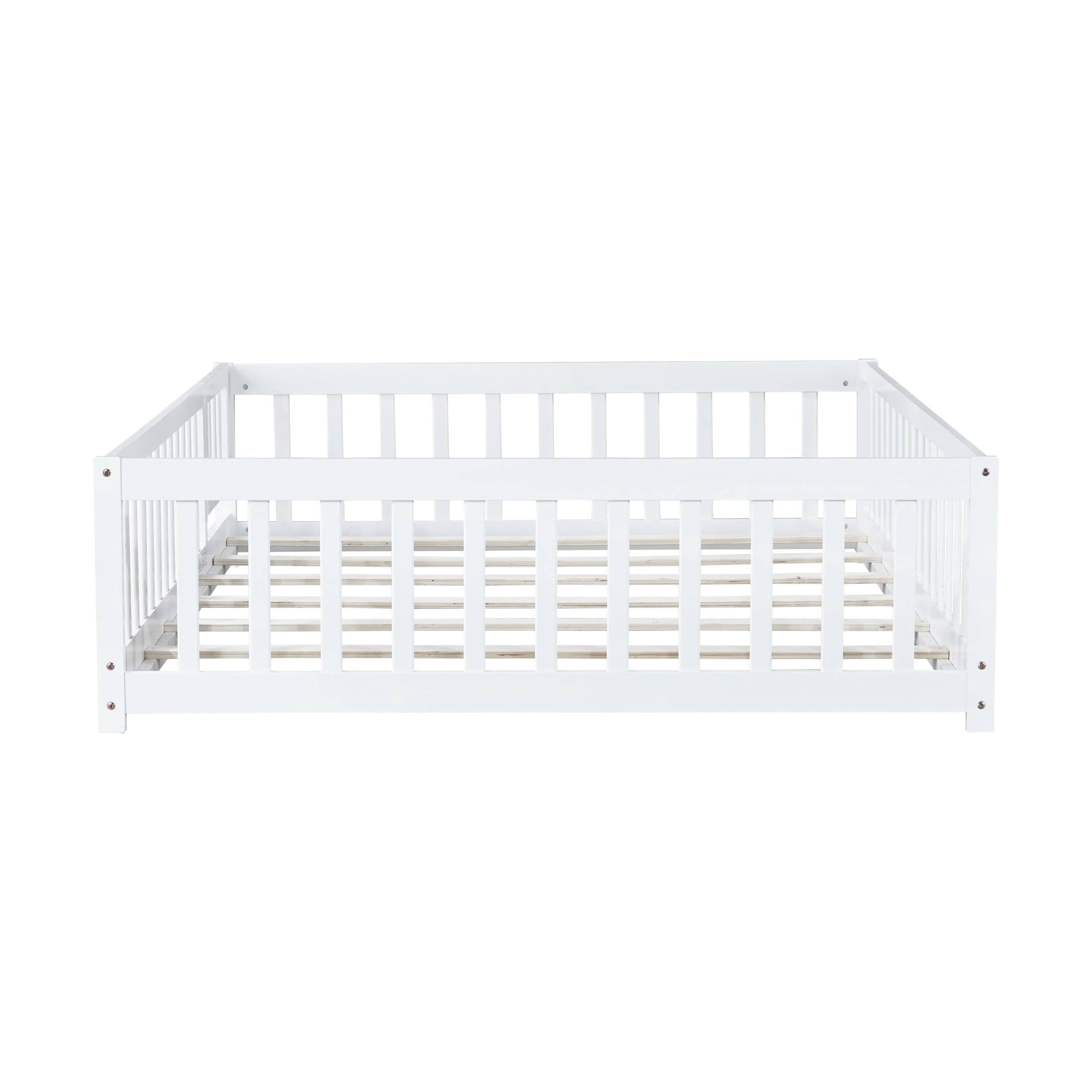Noble House Mira Full Floor Bed with Fence and Door, Sturdy Rubber Wood Montessori Bed Frame, Kid's Room, White