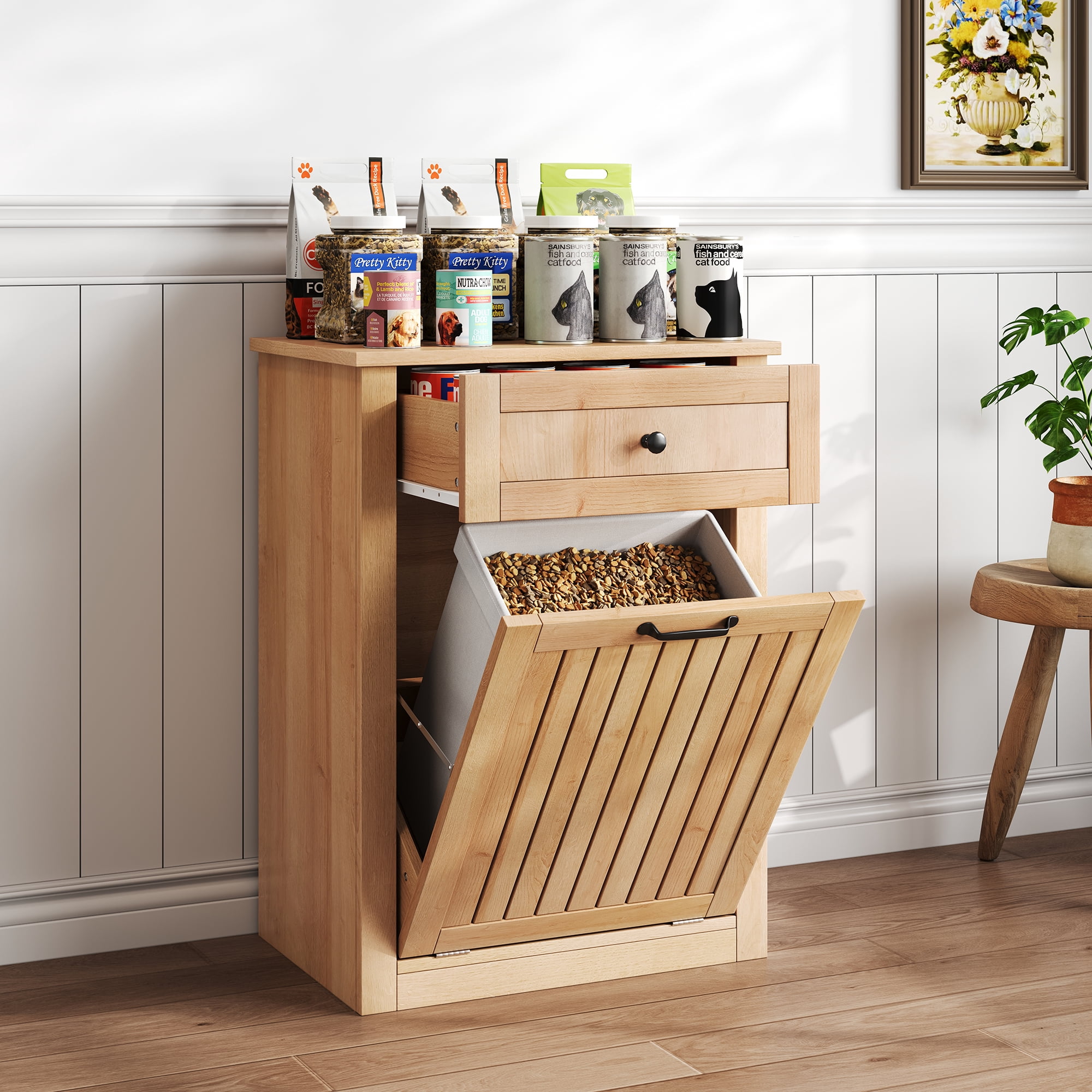 Tilt-Out Trash Can Cabinet, 10 Gallon Fluted Laundry Hamper Cabinet with Drawers, Wooden Hidden Garbage Can Cabinet w/Storage Basket, Free Standing for Kitchen & Living Room,Natural Oak