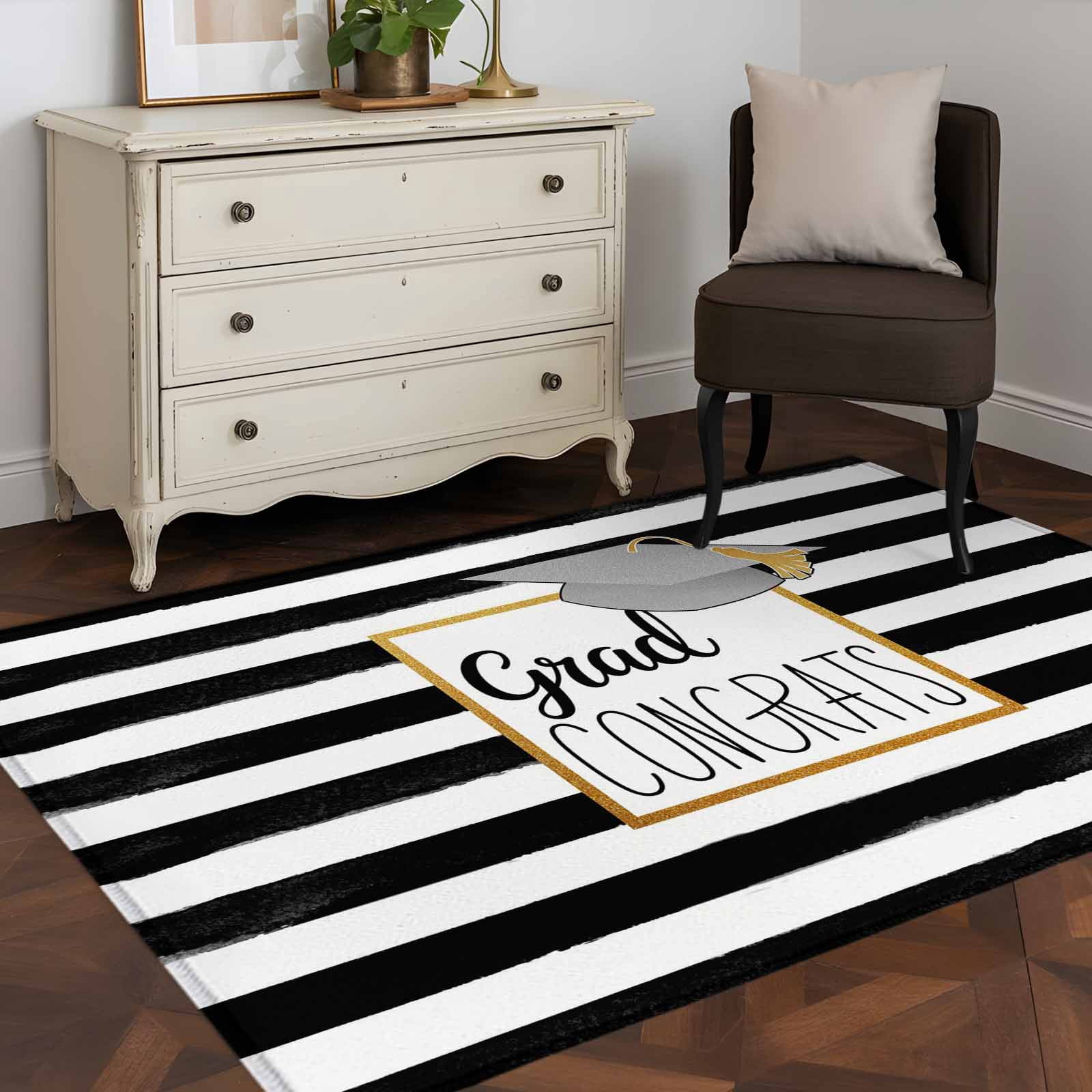 Rectangle Area Rug 4x6ft, Graduation Hat Golden Lines Border Non-Slip Non-Shedding Floor Mat, Black White Stripe Washable Sturdy Carpet for Living Room Bedroom Home Decor