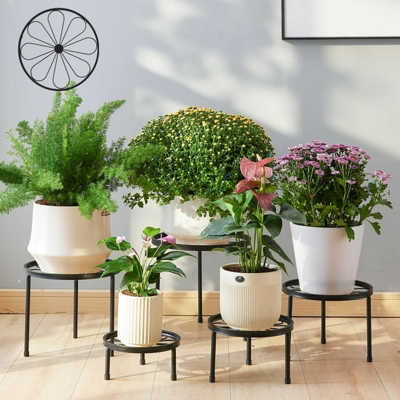 Furshus Plant Stand,5 Pack Heavy Duty Flower Pot Stands,Metal Decoration Racks,Round Plant Shelf for Planter Outdoor and indoor (Black)