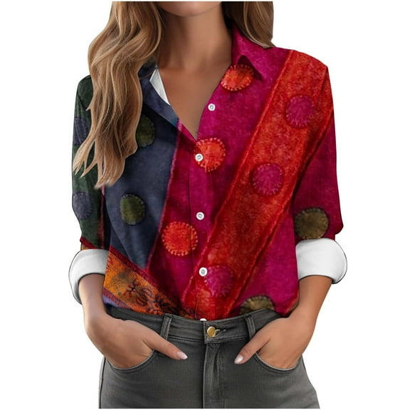 Elvqul Womens Shirts Long Sleeve Plus Size Button down Womens Blouses Open Front Red Collared Shirt