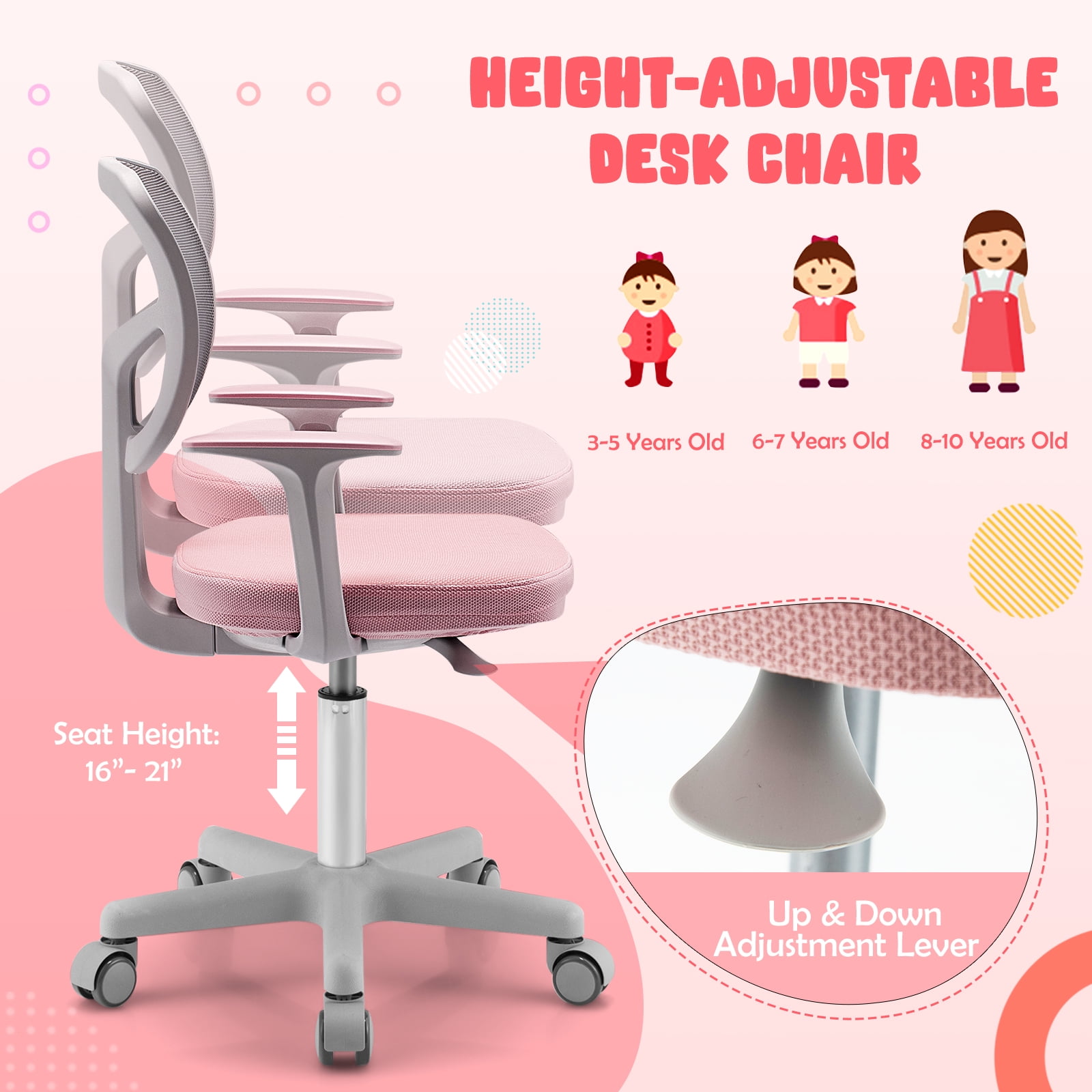 Gymax Kids Desk Chair Adjustable Height Children Study Chair w/ Auto Universal Casters Pink