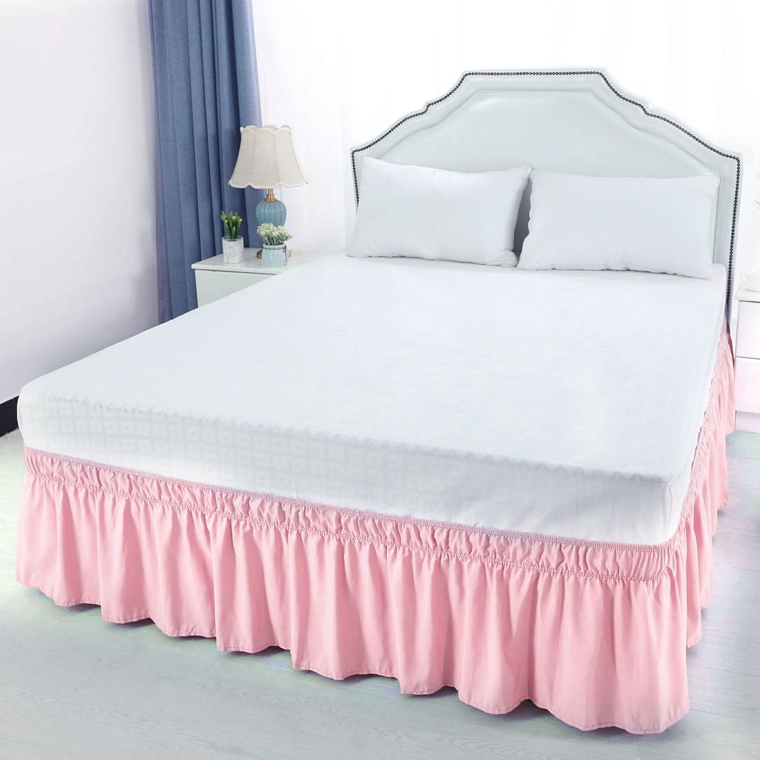 Unique Bargains Elastic Dust Ruffled Bed Skirt with 15" Drop Twin Light Pink