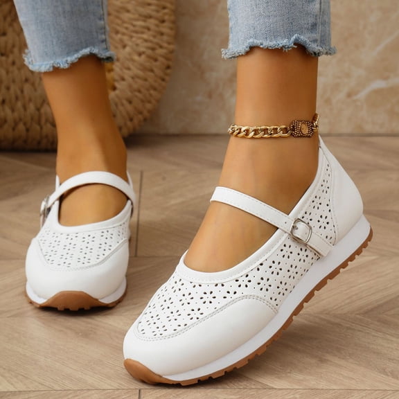 Women's Breathable Leather Orthopaedic Casual Shoes Lightweight Mary Jane Shoes Women Hollow Out Round Toe Buckle Strap Comfortable Casual Walking White 36
