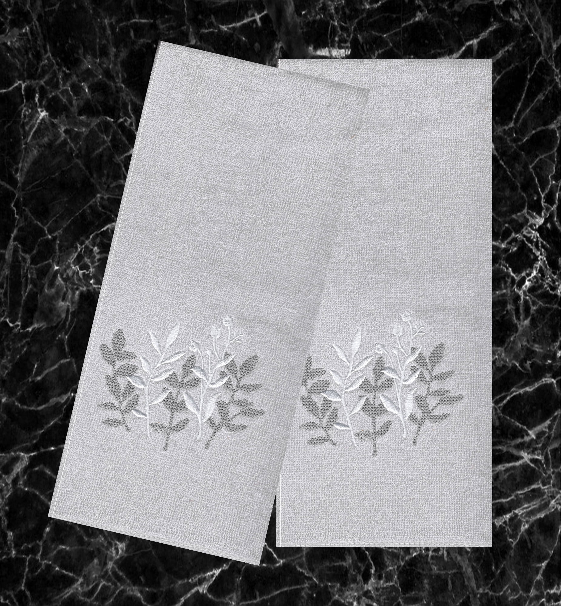 Gray Leaves Bath Hand Towels, 2 Piece, Embroidery Stems Bathroom The Big One