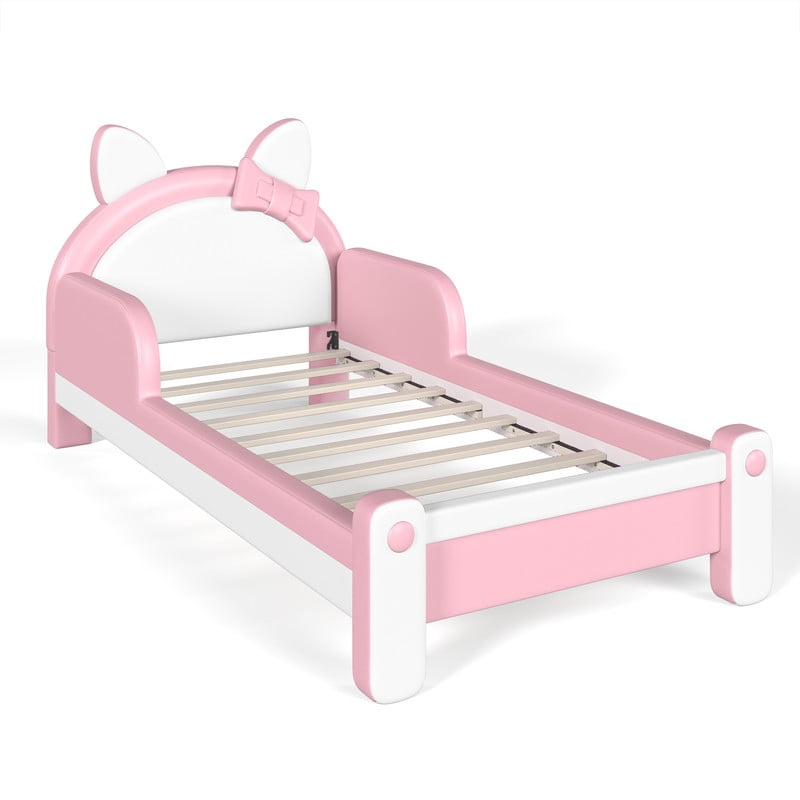 Twin Size Kids Platform Bed with Cartoon Cat-Shaped Headboard, Upholstered PU Leather Princess Bed, Low Profile Child Bed Frame