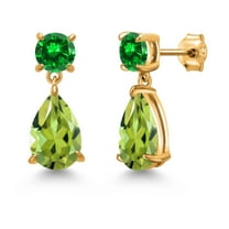 Gem Stone King 18K Yellow Gold Plated Silver Green Peridot and Green Created Emerald Earrings for Women | 7.96 Cttw | Gemstone August Birthstone | Pear Shape 12X8MM