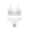 thumbnail image 4 of Huowey Bras For Women No Underwire Solid Color Ribbed Knit Set U-Neck Thin Spaghetti Strap Wireless Crop Bralette Low Rise Briefs Stretch Brassiere,White, 4 of 5