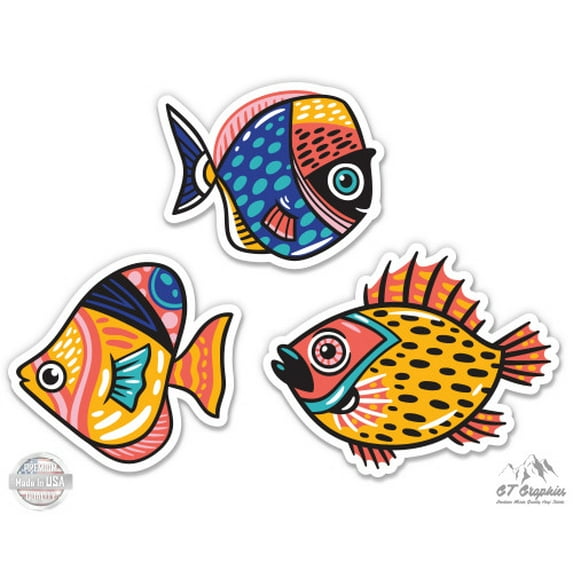 Tropical Fish Beautiful Colorful Set of 3 - 4" each Vinyl Stickers - For Car Laptop I-Pad - Waterproof Decals
