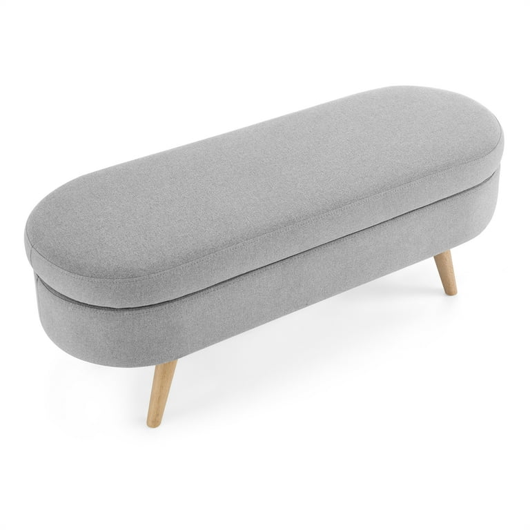 Ottoman Bench with Storage,Linen Fabric Upholstered Bench Bedroom Oval  Storage Bench with Rubber Wood Legs for Living Room Bedroom Entryway,Grey 