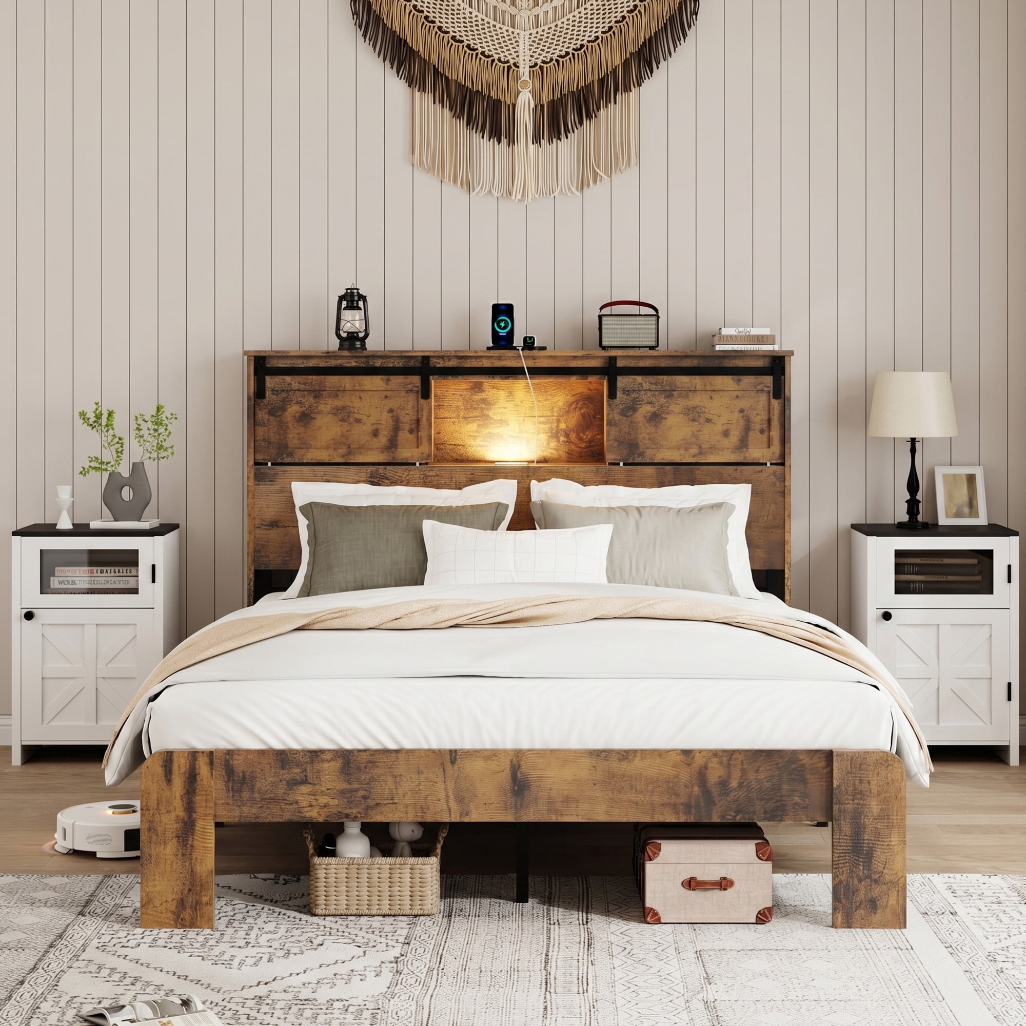 BSHTI Queen Wood Metal Platform Bed Frame with 2-Tier Storage Headboard, LED Light, USB Charging, No Box Spring Needed for Bedroom（Dark Brown）